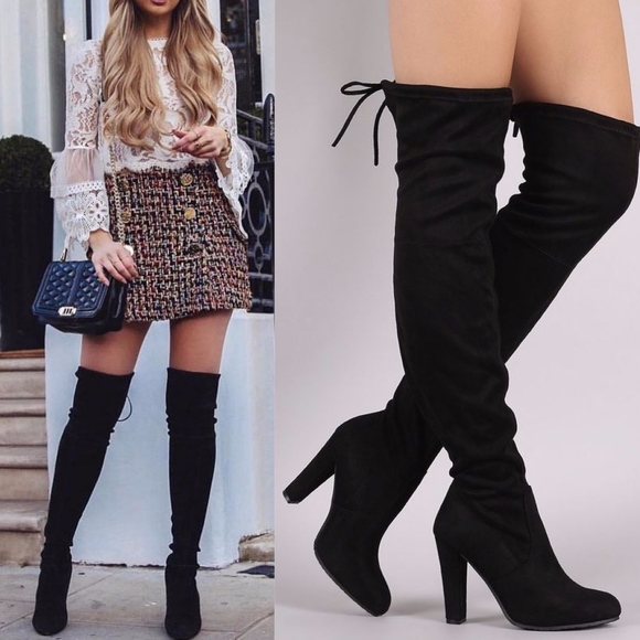 #52 Luxe Black Vegan Suede Lace up Over the Knee Boots